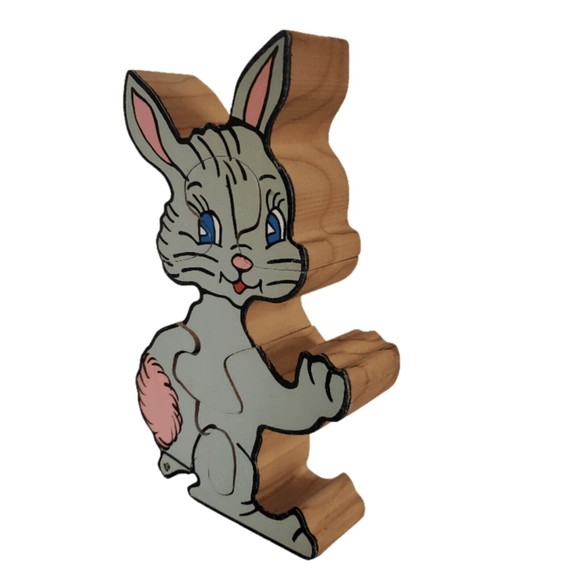 Bunny Rabbit Wooden Puzzle Toddler Chunky Jigsaw Signed Kermit & Diane Pope Vtg - Picture 3 of 12